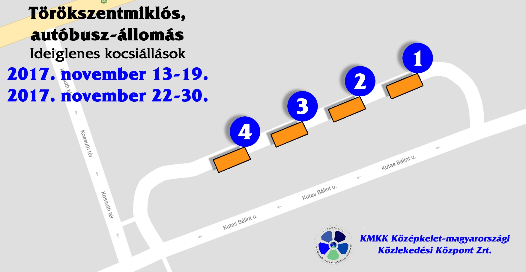 Ideiglenesen autóbusz megállók Törökszentmiklós Kossuth téren
